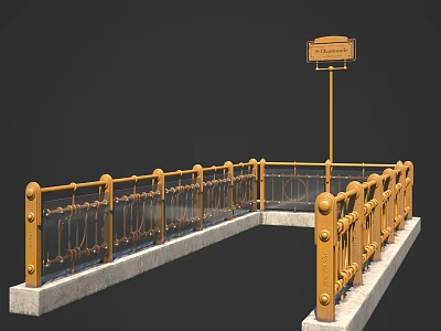 Yellow Ornate Metal Railings with Concrete Base and Signboard on Platform 3d model