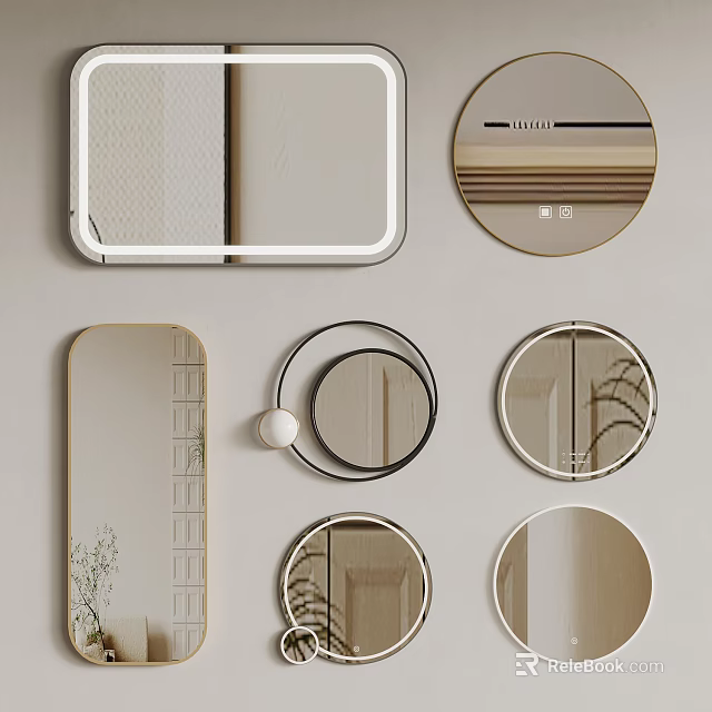 Various Decorative Mirrors In Different Shapes With Modern Frames For Home Interior 3d model