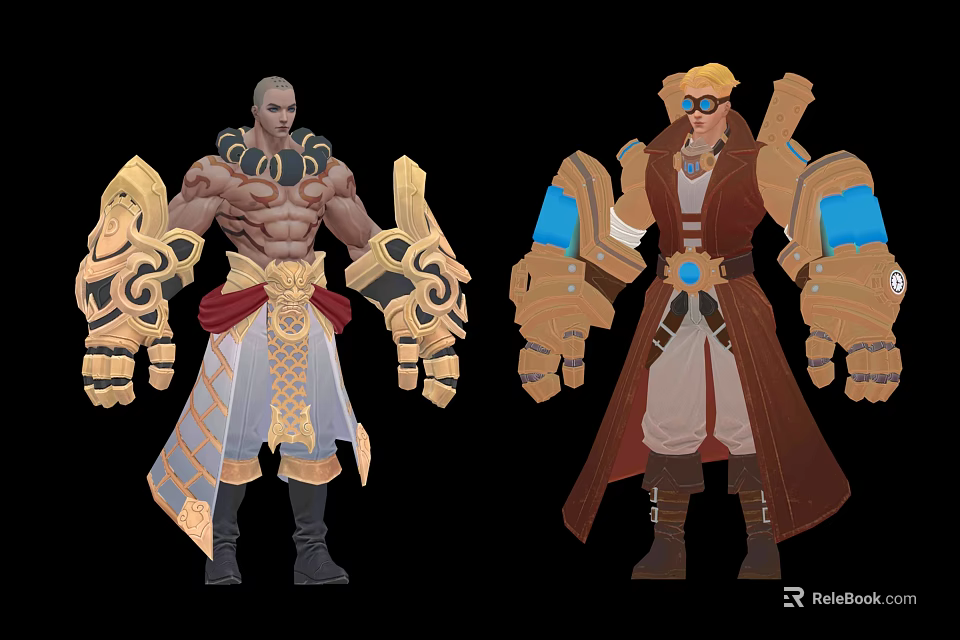 Two Muscular And Robed Characters With Ornate Armor Mechanical Parts And Blue Goggles 3d model 