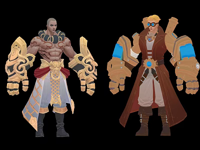 Two Muscular And Robed Characters With Ornate Armor Mechanical Parts And Blue Goggles 3d model