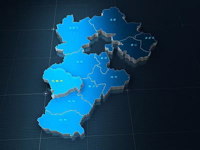 Blue 3D Geographic Map with Regional Divisions and Labeled Areas 3d model