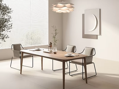 Modern Dining Table Set With Wooden Top Gray Chairs Pendant Light And Wall Art 3d model