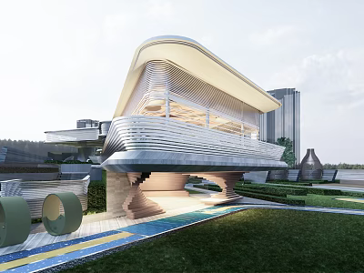 Modern Streamlined Sales Office Building With Curved Roof Lattice Facade And Green Lawn Steps 3d model