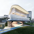 Modern Streamlined Sales Office Building With Curved Roof Lattice Facade And Green Lawn Steps