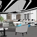 Modern Open Public Office Space With Sofa Round Tables Work Desks And Green Plants