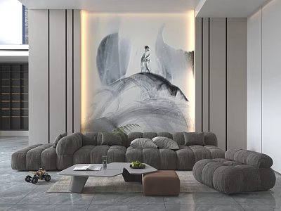 Modern Elegant Living Room Sofa Coffee Table Set with Artwork and Ottoman 3d model