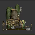 Cartoon Treehouse Scene With Willow Trees Wooden Bridge And Decorative Plants