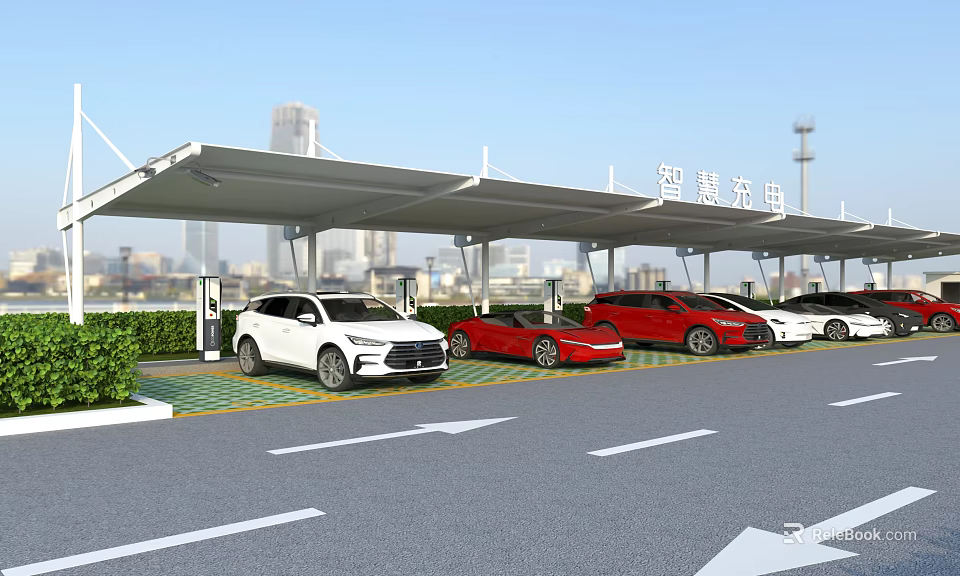 Smart Parking Lot With Charging Stations And Multiple Parked Vehicles Under Canopy 3d model 