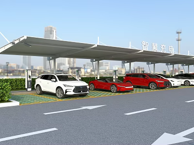 Smart Parking Lot With Charging Stations And Multiple Parked Vehicles Under Canopy 3d model