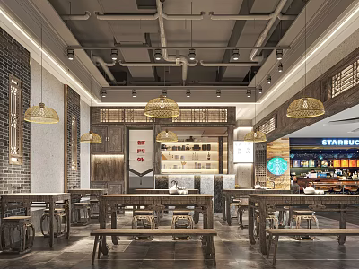 Modern Industrial Restaurant Interior With Brick Walls Wooden Tables Benches And Hanging Lamps 3d model