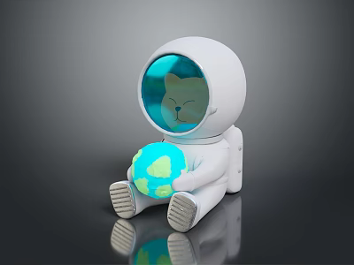 Astronaut Shaped White Decorative Furniture With Cat Figure And Illuminated Globe Design 3d model