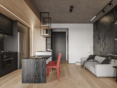 Modern Apartment Interior With Dark Cabinets Red Chair Sofa And Wooden Flooring 3d model