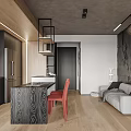 Modern Apartment Interior With Dark Cabinets Red Chair Sofa And Wooden Flooring