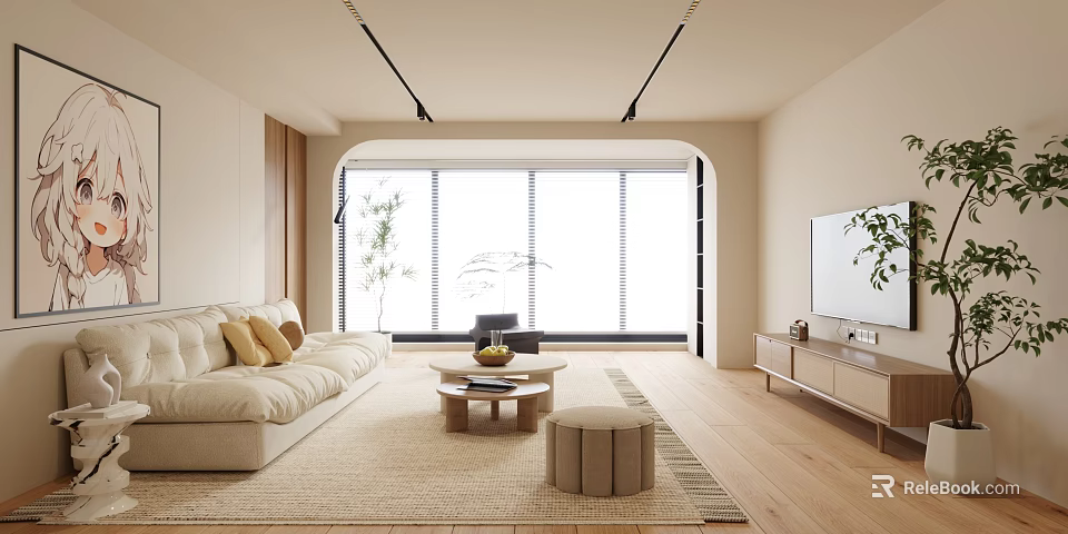 Modern Living Room Interior With Beige Sofa Coffee Table Light Rug And Large Window Plants 3d model 