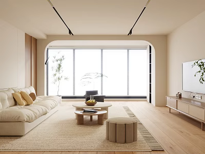 Modern Living Room Interior With Beige Sofa Coffee Table Light Rug And Large Window Plants 3d model