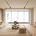 Modern Living Room Interior With Beige Sofa Coffee Table Light Rug And Large Window Plants