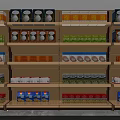 Supermarket Display Shelves Featuring Organized Layers Of Various Colored Packaged Goods
