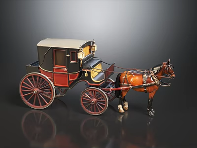 Vintage Horse Drawn Carriage With Brown Horse And Red Spoked Wheels 3d model