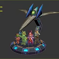 Game Movie Characters Standing On Circular Platform With Blue Silver Mechanical Device Green Energy Core
