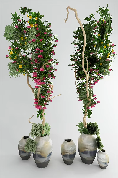 Decorative Climbing Vines with Pink Yellow Flowers Twisted Branches and Lush Green Leaves 3d model