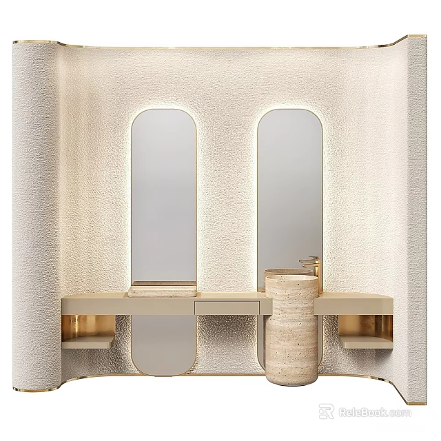Modern Washbasin Vanity With Double Oval Mirrors LED Lighting And Marble Countertop 3d model 
