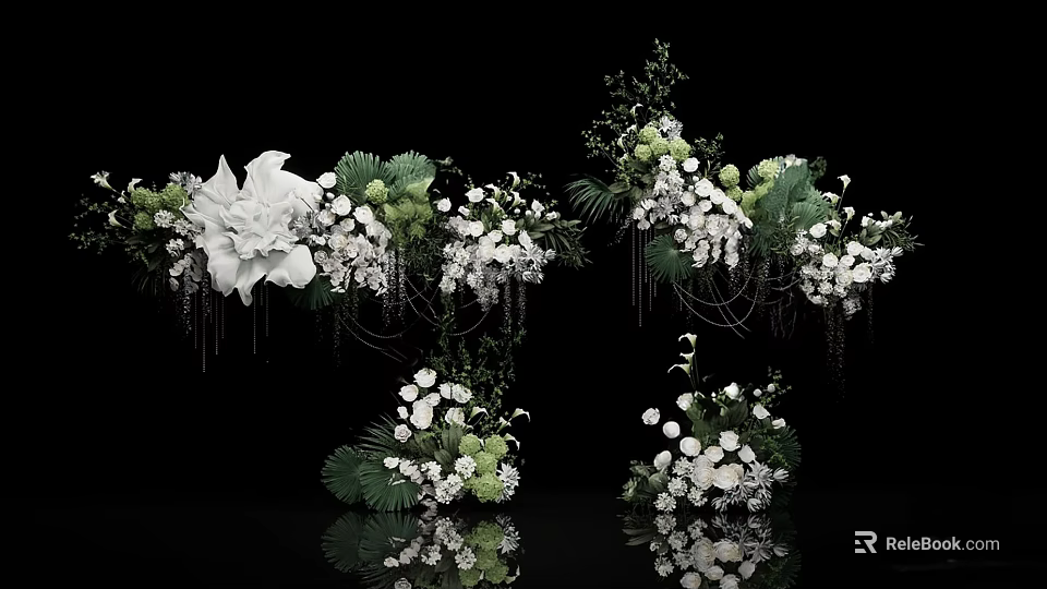 Elegant Floral Installation with White Flowers Green Foliage Hanging Design and Mirror Reflections 3d model 