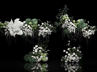 Elegant Floral Installation with White Flowers Green Foliage Hanging Design and Mirror Reflections 3d model