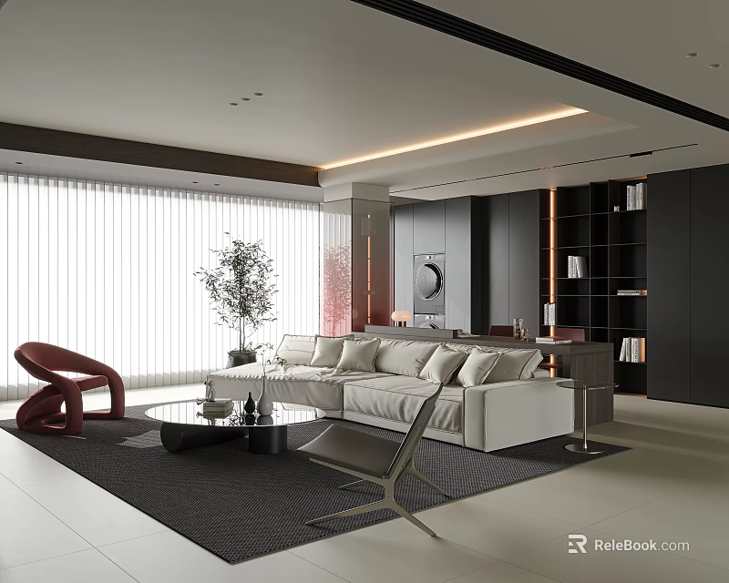 Spacious Modern Luxury Living Room With Soft Sectional Sofa And Stylish Minimalist Interior Design 3d model 
