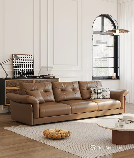 Brown Leather Sectional Sofa In Living Room With White Walls And Window 3d model 