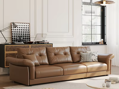 Brown Leather Sectional Sofa In Living Room With White Walls And Window 3d model