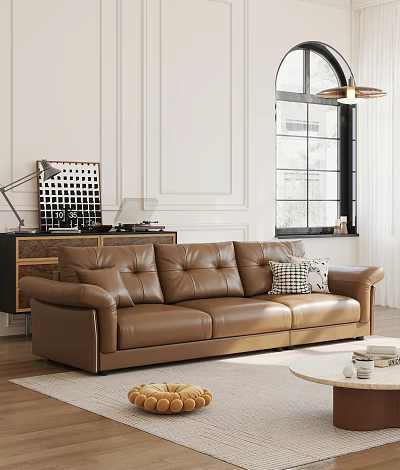 Brown Leather Sectional Sofa In Living Room With White Walls And Window 3d model