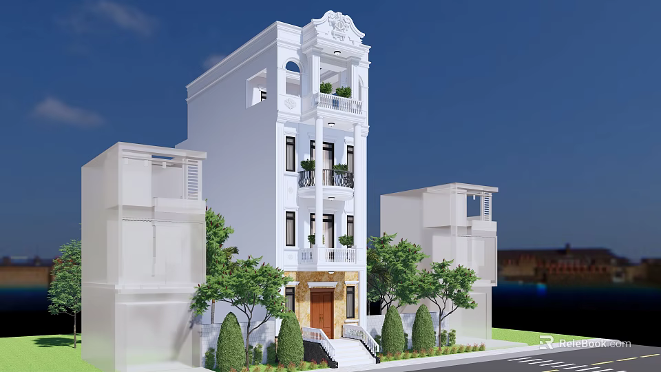 White Multi Story Detached Villa With Ornate Details Balconies Front Steps And Green Plants 3d model 