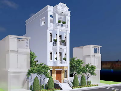 White Multi Story Detached Villa With Ornate Details Balconies Front Steps And Green Plants 3d model