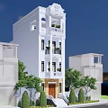 White Multi Story Detached Villa With Ornate Details Balconies Front Steps And Green Plants