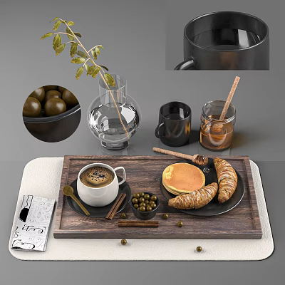 Delicious Breakfast Food with Coffee Pancakes Croissant Olives and Honey on Wooden Tray 3d model