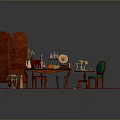 Wooden Stool With Curved Backrest Near Green Table On Patterned Rug