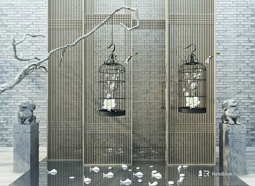 Garden Ornaments Featuring Stone Lions Lanterns Bamboo Screens And Flowing Water 3d model 
