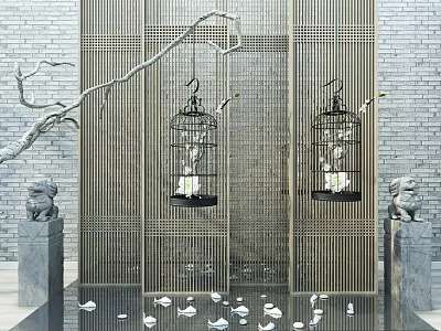 Garden Ornaments Featuring Stone Lions Lanterns Bamboo Screens And Flowing Water 3d model