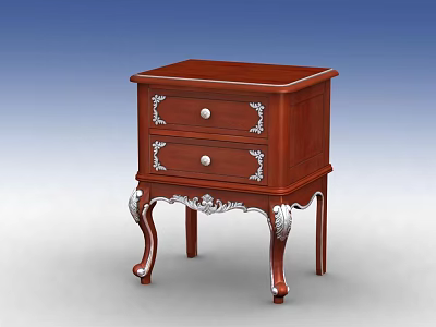 Traditional Wooden Bedside Table With Two Drawers And Silver Carved Legs 3d model