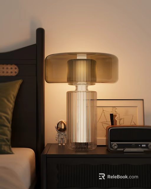 Modern Bedroom Table Lamp With Transparent Glass Base And Light Brown Shade For Warm Lighting 3d model 