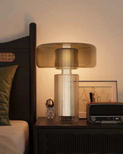 Modern Bedroom Table Lamp With Transparent Glass Base And Light Brown Shade For Warm Lighting 3d model