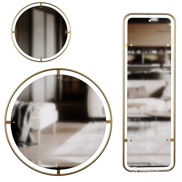 Modern Gold Frame Round and Rectangular Wall Mirrors in Living Room Interior Design 3d model 