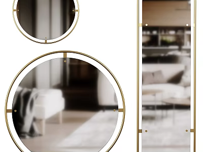 Modern Gold Frame Round and Rectangular Wall Mirrors in Living Room Interior Design 3d model
