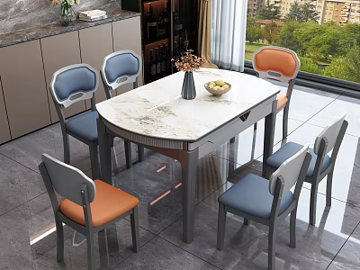 Modern Dining Table Set With White Marble Top And Blue Orange Upholstered Chairs 3d model