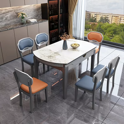 Modern Dining Table Set With White Marble Top And Blue Orange Upholstered Chairs 3d model