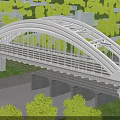 Modern Urban Bridge With Arched Structure Spanning River And Surrounded By Trees And Buildings 3d model