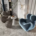 Stylish Casual Sofa Set With Black White Striped And Blue Single Sofas Round Side Table 3d model
