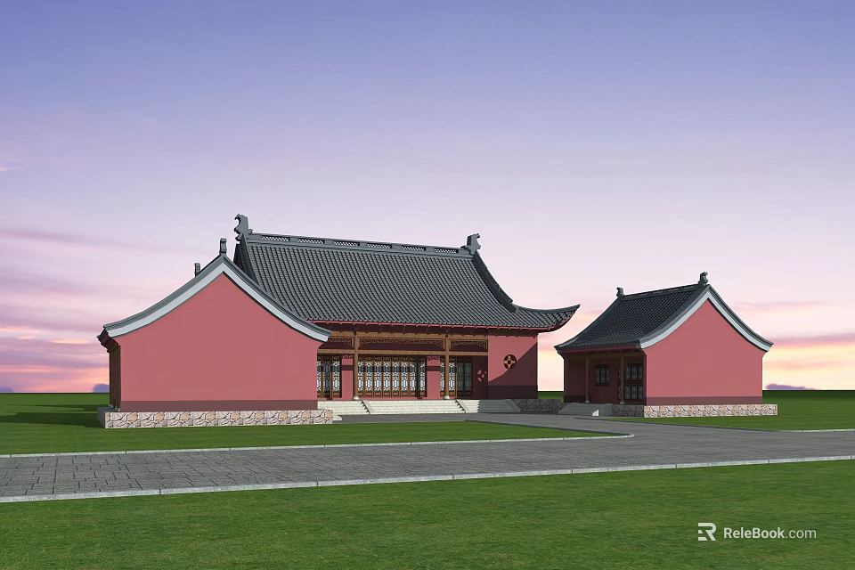 Ancient Architecture With Pink Walls Black Tiled Roofs And Traditional Eaves In Green Grassland 3d model 