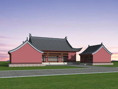 Ancient Architecture With Pink Walls Black Tiled Roofs And Traditional Eaves In Green Grassland 3d model