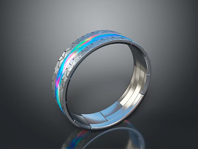 Sleek Modern Silver Metal Ring With Colorful Reflective Stripes And Cracked Pattern Design 3d model